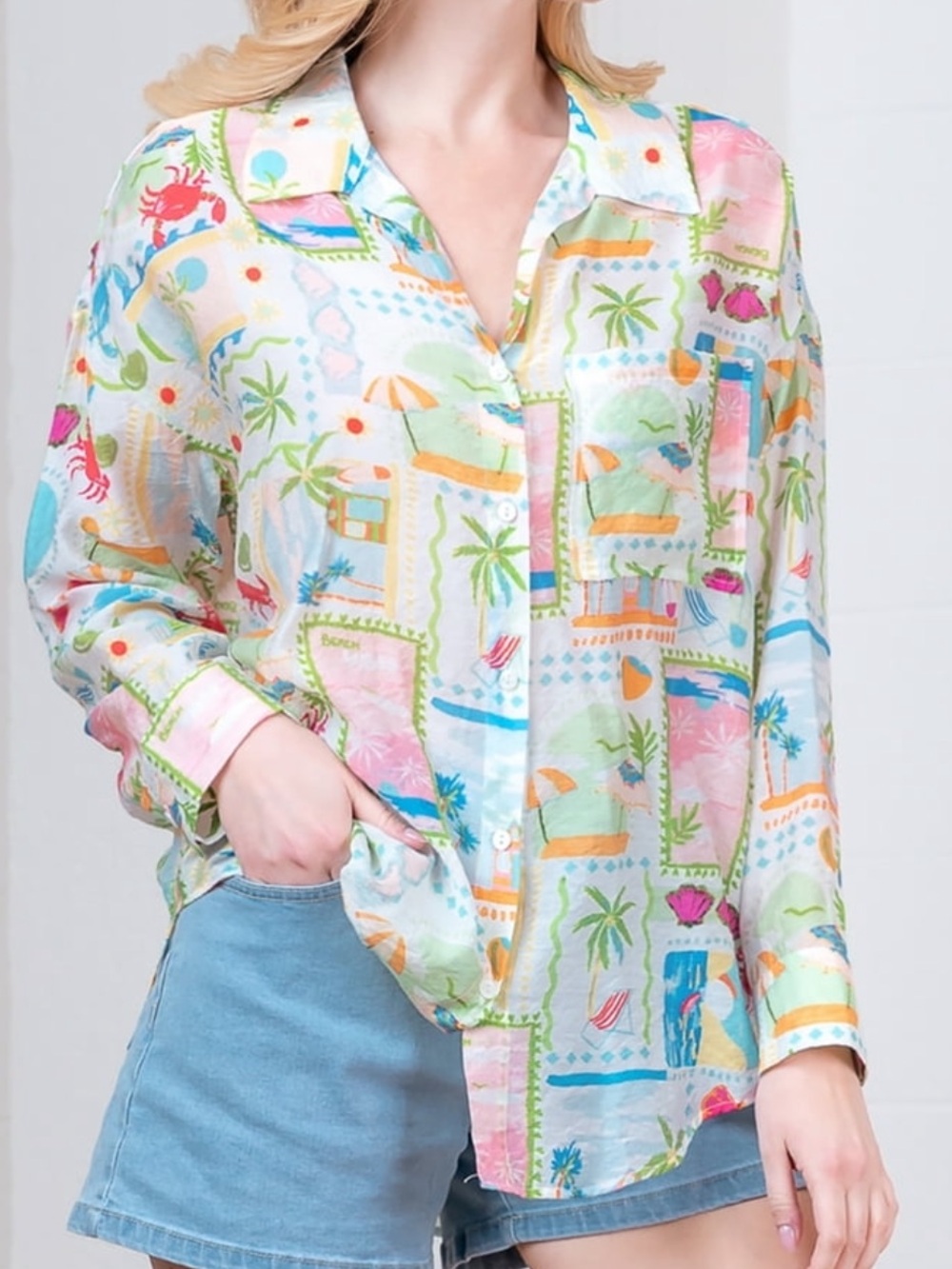 Peach Voile Button-Up Shirt with Multicolor Beach Print & Crabs!  Size XL